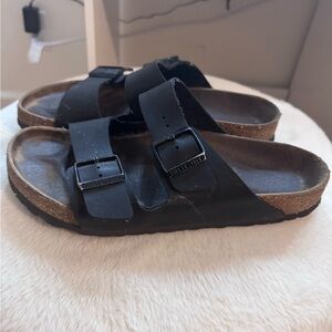 Birkenstock Arizona Black Two-Strap Cork Footbed Slide Sandals